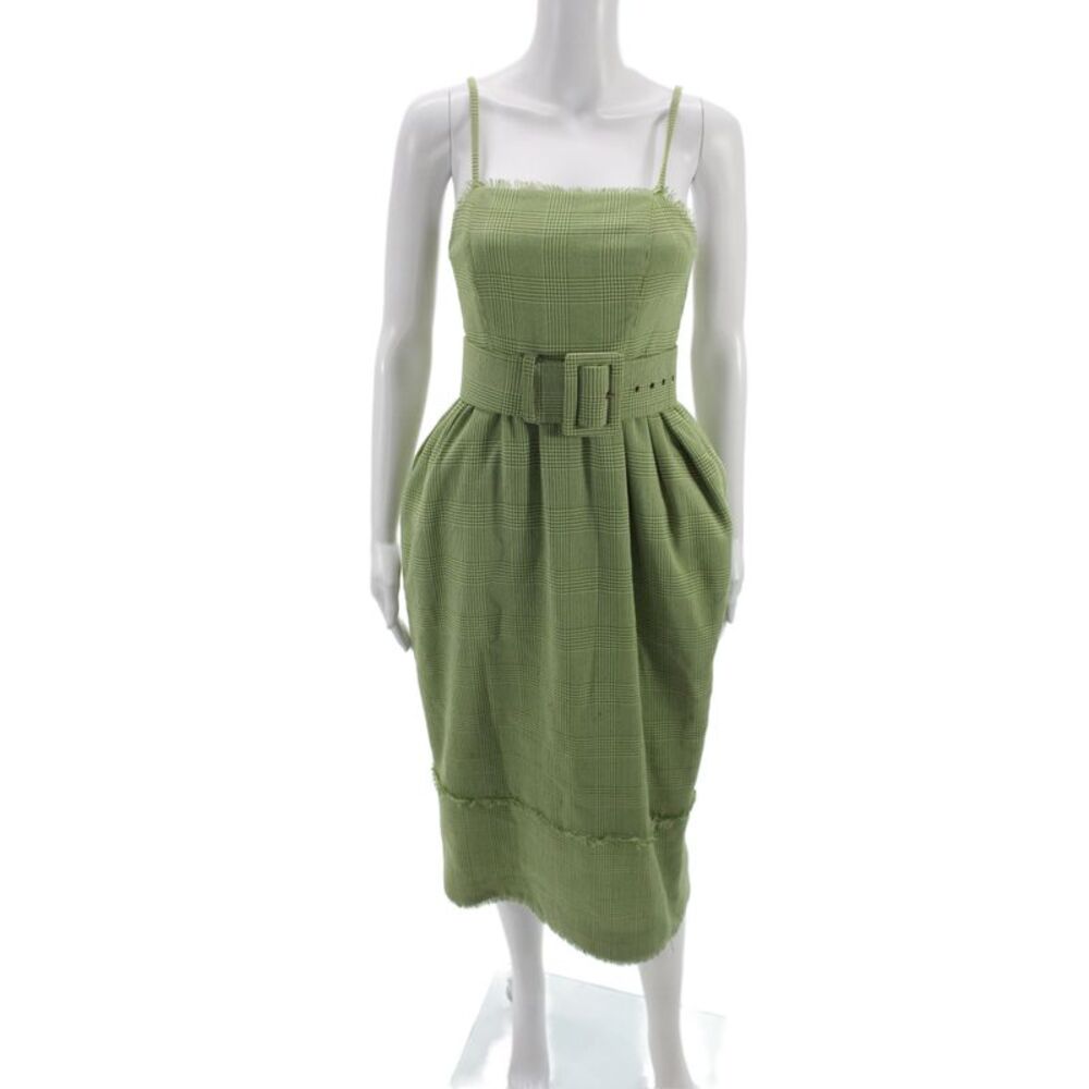 Rosie Assoulin Women Fit & Flare Green Silk Sleeveless Square Neck Dress Size M